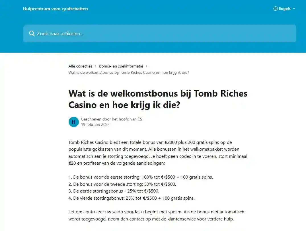 Actuele weergave van officiële Tomb Riches Help Center-informatie over de welkomstbonus