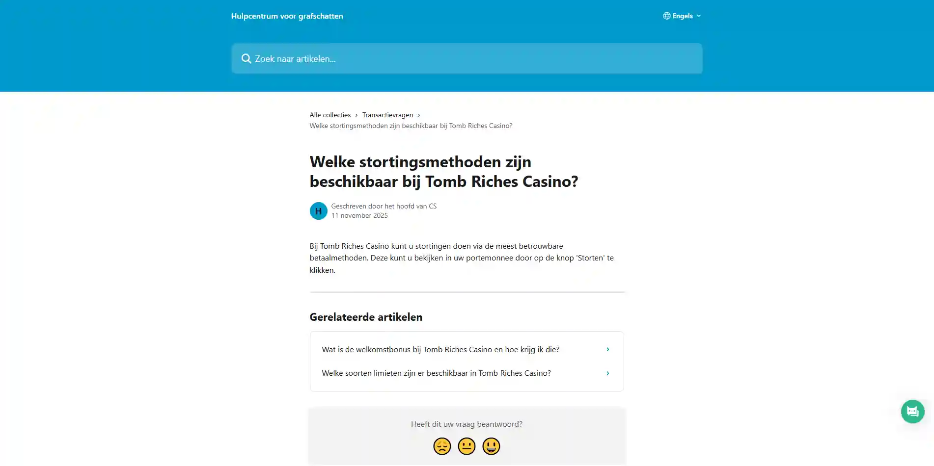 Actuele weergave van officiële Tomb Riches Help Center-informatie over stortingsmethoden in de Wallet