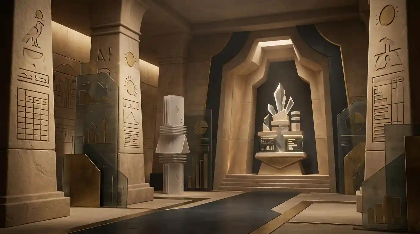 Illustratie van een analytische casino-review met een abstract Egyptisch tombe-thema